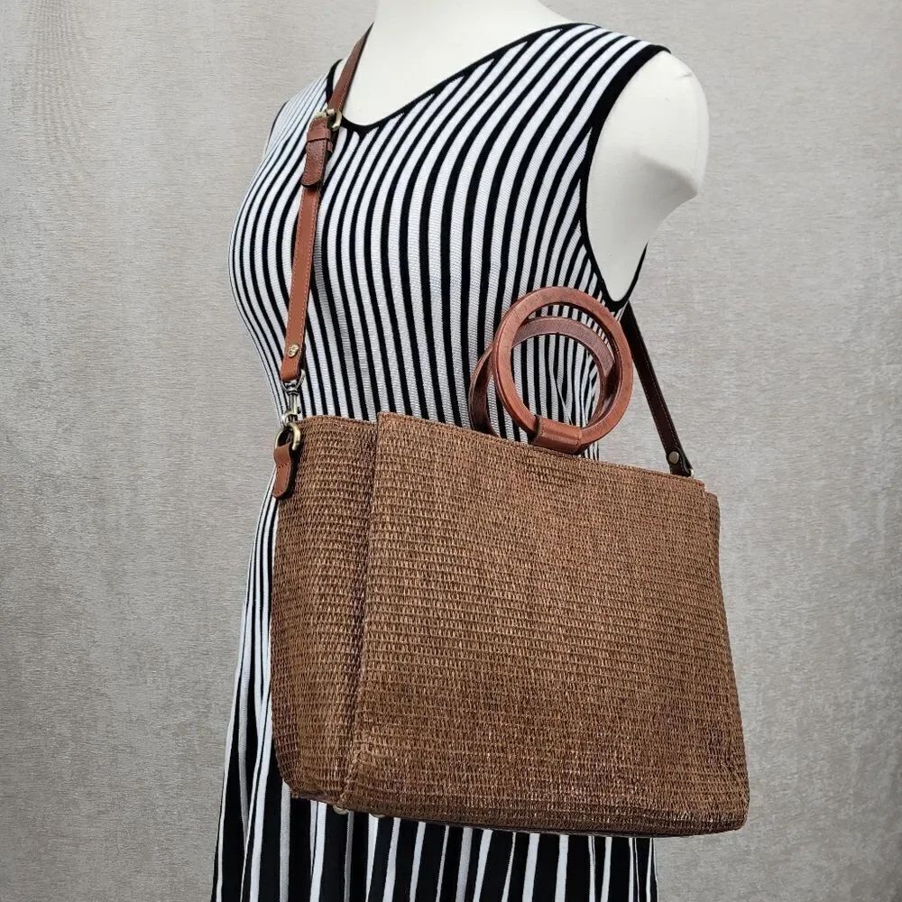 Patricia Nash Mariola Raffia Tote Bag in Tobacco Brown Woven Handbag Crossbody